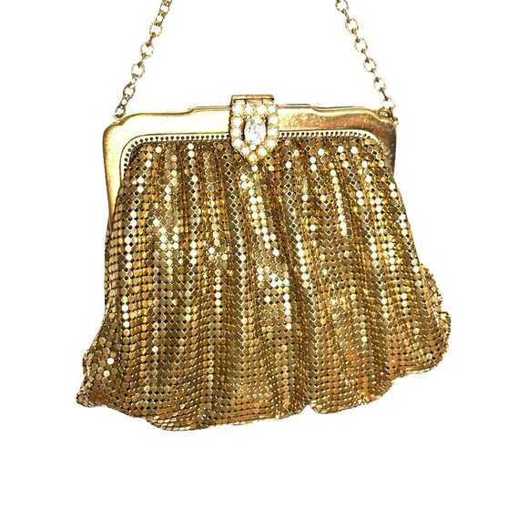 1940s Whiting and Davis gold mesh evening bag with rhinestone clasp - Picture 1 of 8